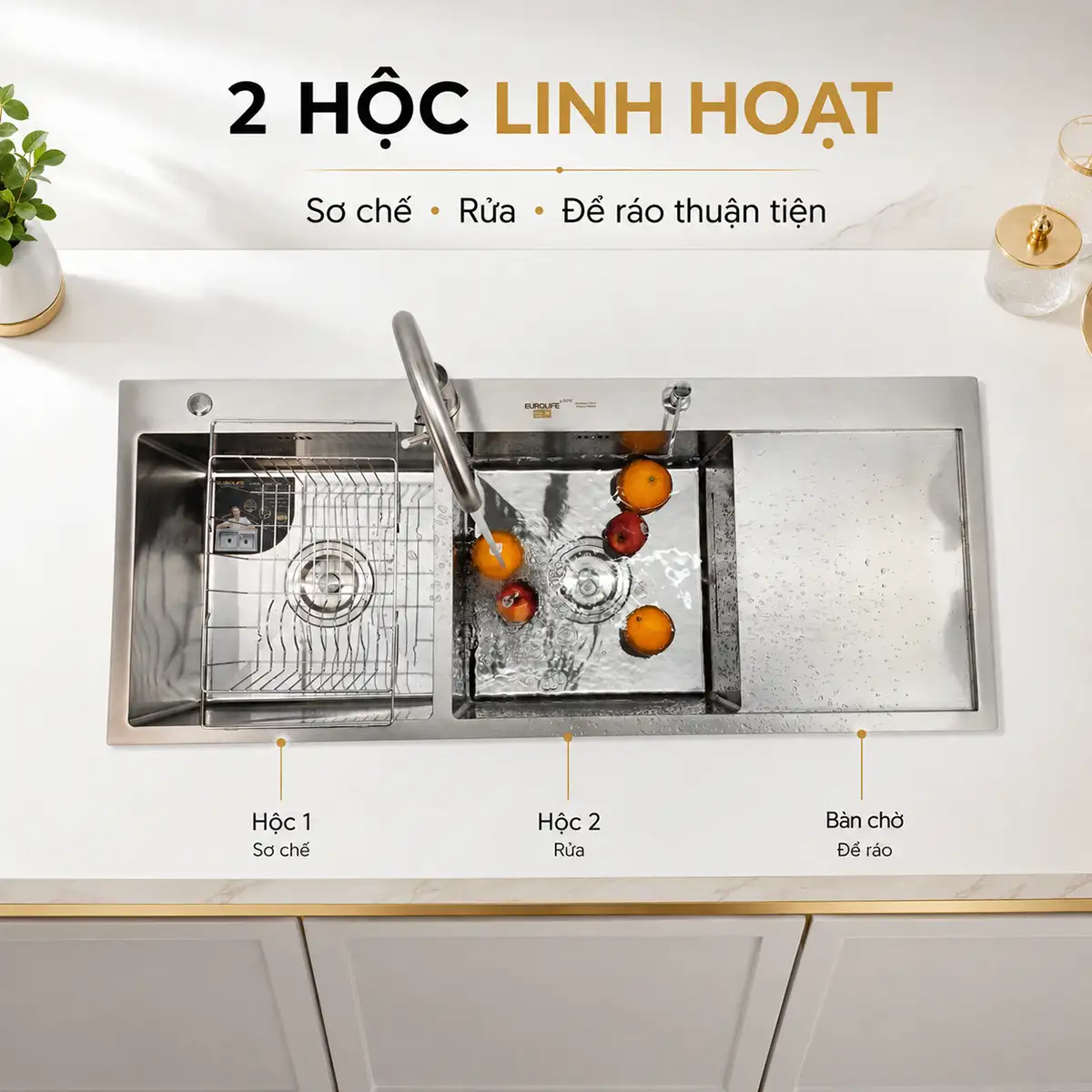 Chậu Eurolife EL-LS12050 2 hộc cân linh hoạt rửa và sơ chế