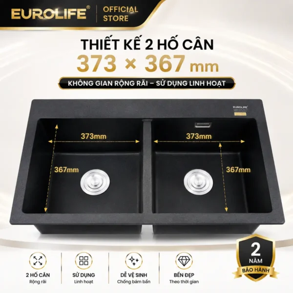 Chậu đá Eurolife EL-QC8349 thiết kế 2 hố cân 373x367 mm