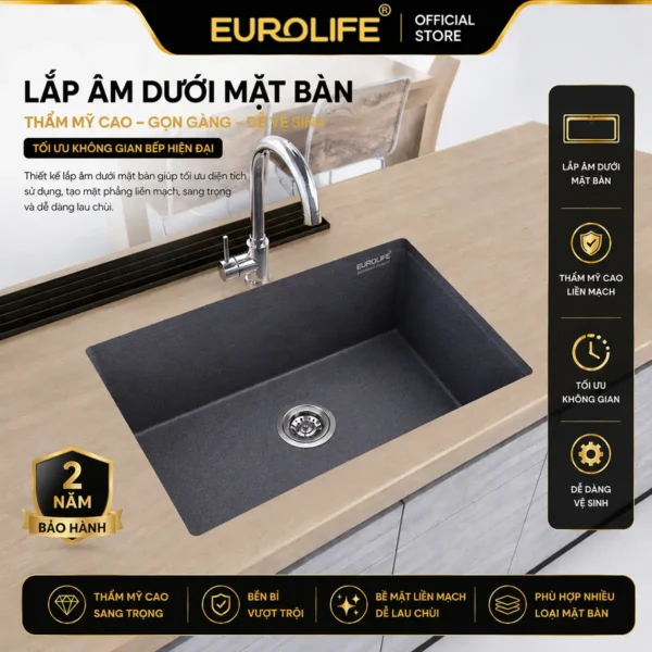 Chậu đá thạch anh Eurolife EL-QC6049 lắp âm dưới mặt bàn