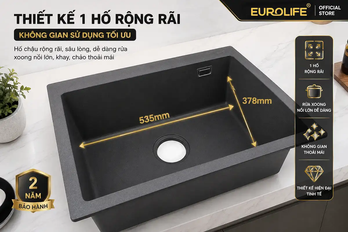 Chậu đá thạch anh Eurolife EL-QC6049 1 hố kích thước 535 x 378 mm