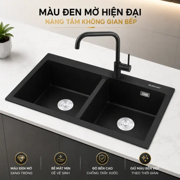 Chậu đá thạch anh Eurolife EL-QC8349 màu đen mờ