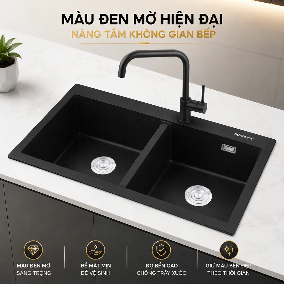 Chậu đá thạch anh Eurolife EL-QC8349 màu đen mờ