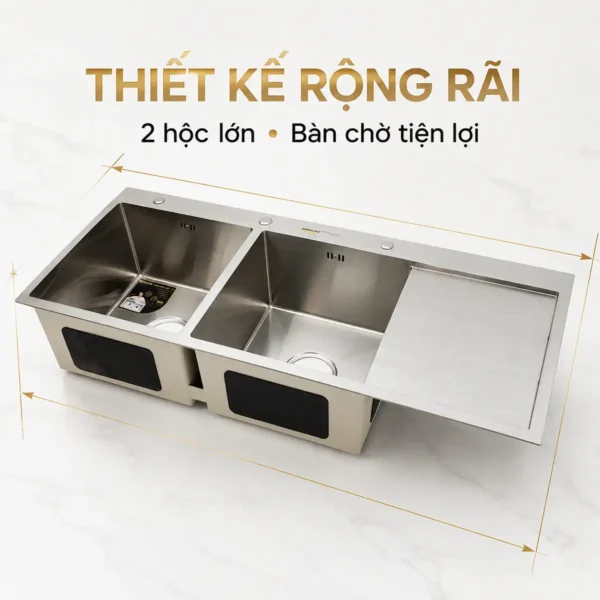 Chậu đúc Inox 304 Eurolife EL-LS12050 thiết kế 2 hộc kèm bàn chờ