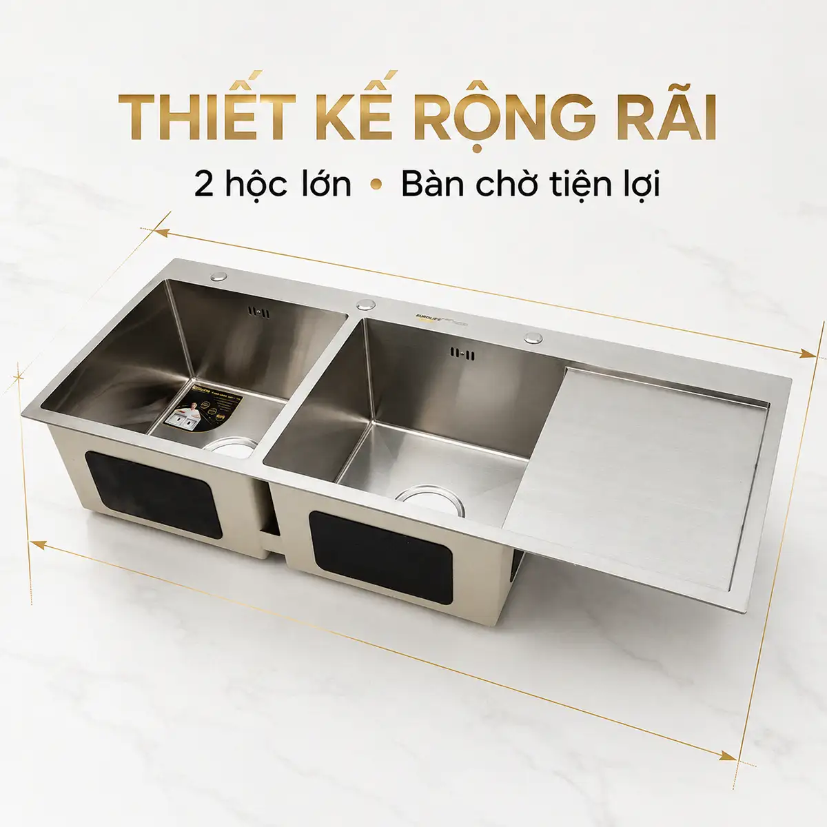 Chậu đúc Inox 304 Eurolife EL-LS12050 thiết kế 2 hộc kèm bàn chờ