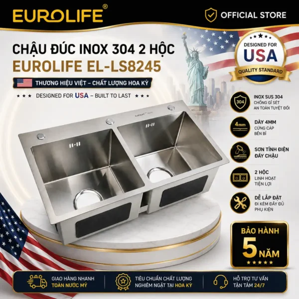 Chậu đúc 2 hố Eurolife EL-LS8245 Inox SUS 304 POSCO