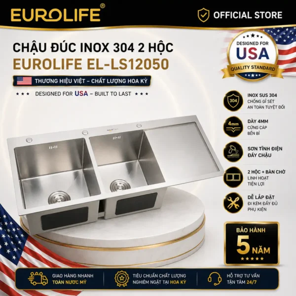Chậu đúc Inox 304 2 hố Eurolife EL-LS12050