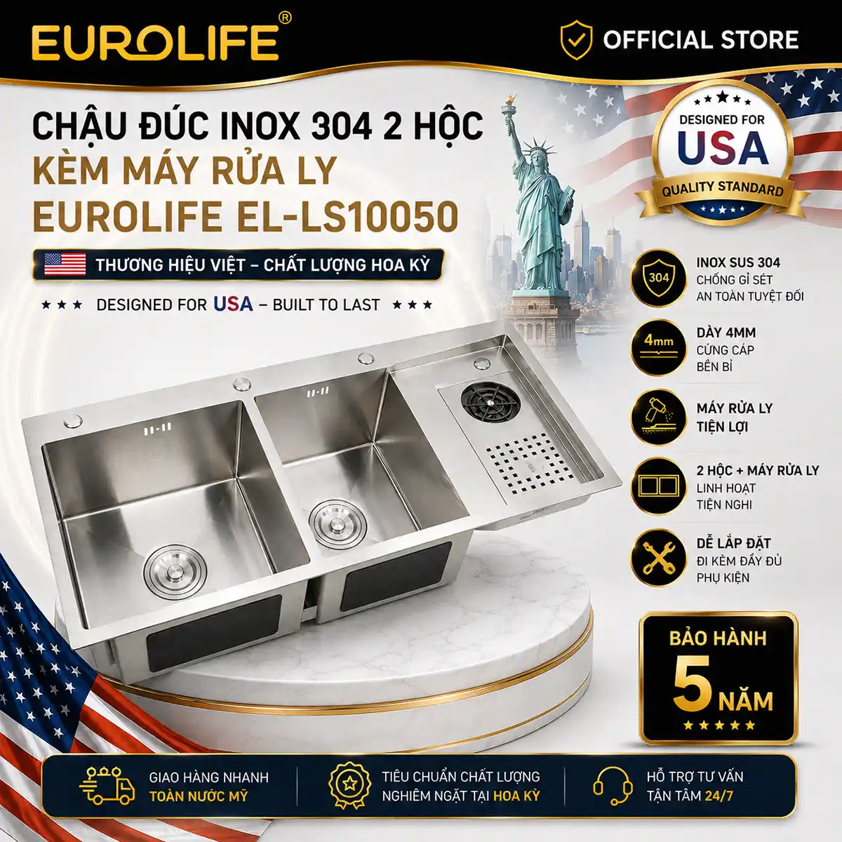Chậu đúc Inox 304 2 hộc kèm máy rửa ly Eurolife EL-LS10050