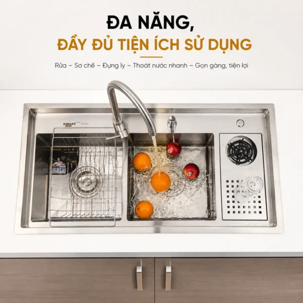 Chậu đúc Inox 304 Eurolife EL-LS10050 đa năng với 2 hộc, máy rửa ly và rổ gác chậu