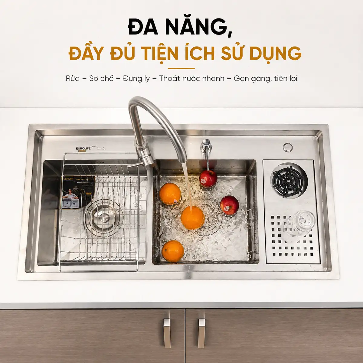 Chậu đúc Inox 304 Eurolife EL-LS10050 đa năng với 2 hộc, máy rửa ly và rổ gác chậu