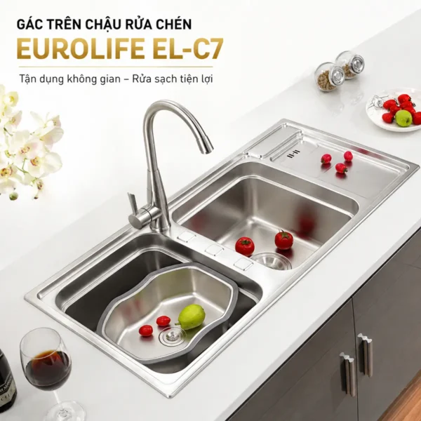 Chậu inox mini có xả Eurolife EL-R7 gác trên chậu rửa chén EL-C7
