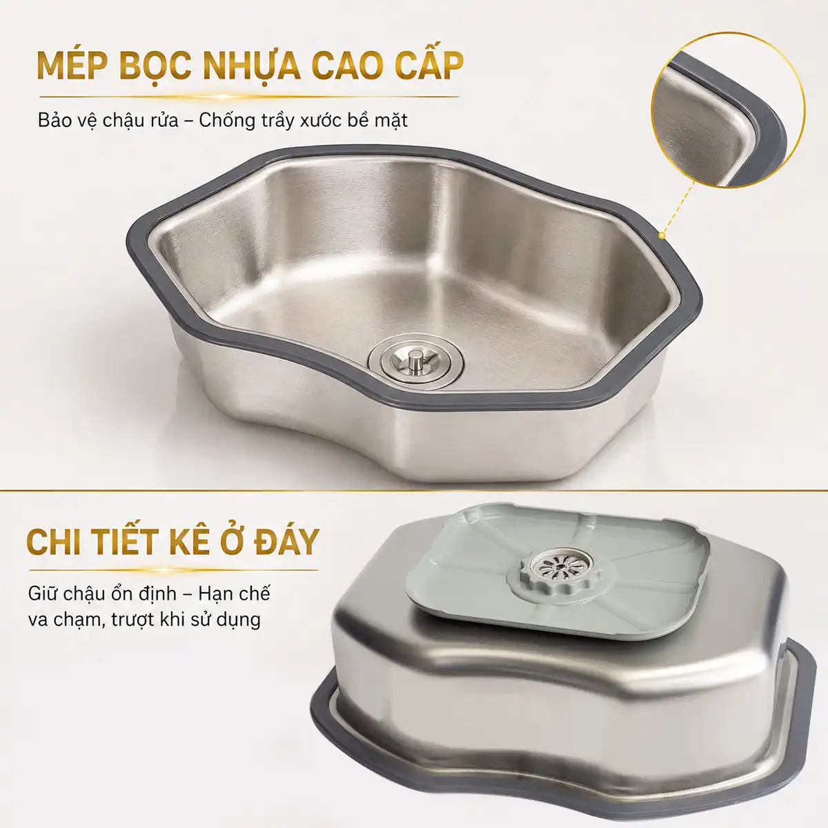 Chậu inox mini có xả Eurolife EL-R7 với mép bọc nhựa và chi tiết kê đáy
