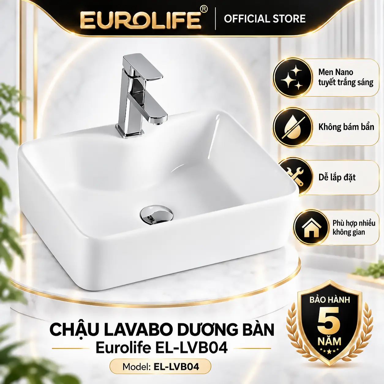 Chậu lavabo dương bàn Eurolife EL-LVB04 sứ vuông Nano tuyết trắng 48cm, thiết kế hiện đại, bảo hành 5 năm