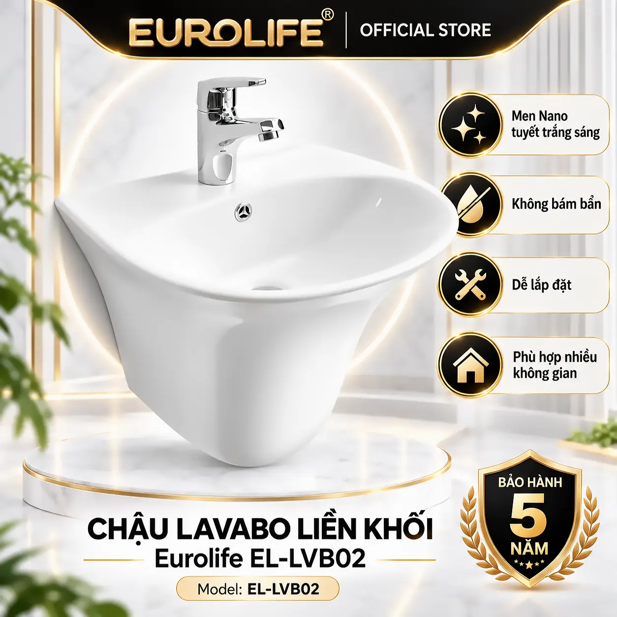 Chậu lavabo liền khối Eurolife EL-LVB02 sứ men Nano tuyết trắng, treo tường, bảo hành 5 năm.