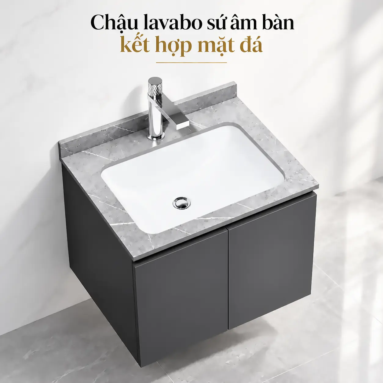Chậu lavabo sứ trắng âm bàn kết hợp mặt đá vân xám trên tủ lavabo Inox 304 Eurolife BLV-IN03, thiết kế hiện đại.