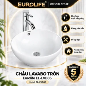 Chậu lavabo tròn dương bàn Eurolife EL-LVB05 sứ men Nano tuyết trắng 43cm, thiết kế dạng bát, bảo hành 5 năm.