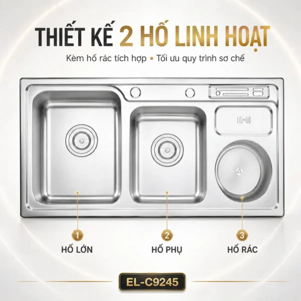 Chậu rửa chén Eurolife EL-C9245 thiết kế 2 hộc gồm hộc lớn, hộc phụ và hố rác tích hợp