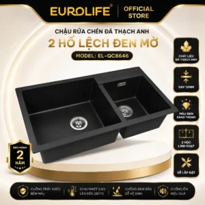 Chậu rửa chén đá thạch anh đen mờ Eurolife EL-QC8646 2 hố lệch