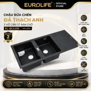 Chậu rửa chén đá thạch anh Eurolife EL-QC1150 màu đen 2 hố cân có bàn chờ