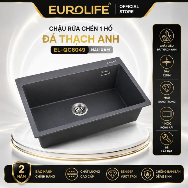 Chậu rửa chén đá thạch anh Eurolife EL-QC6049 màu nâu xám 1 hố