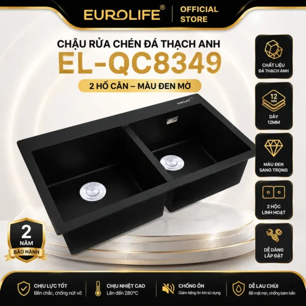 Chậu rửa chén đá thạch anh Eurolife EL-QC8349 2 hố cân màu đen mờ