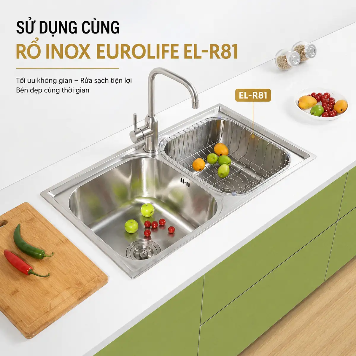 Chậu rửa chén Eurolife EL-C8 sử dụng cùng rổ Inox EL-R81