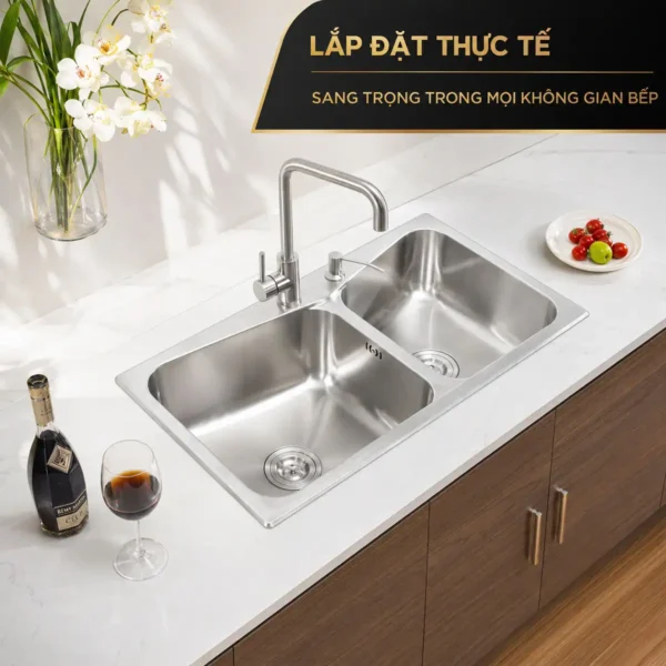 Chậu rửa chén hai hộc chéo Eurolife EL-C8245 lắp trên bàn bếp