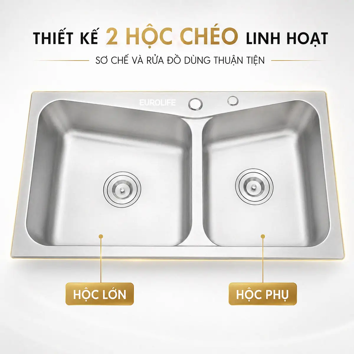 Chậu rửa chén Eurolife EL-C8245 thiết kế hai hộc chéo gồm hộc lớn và hộc phụ