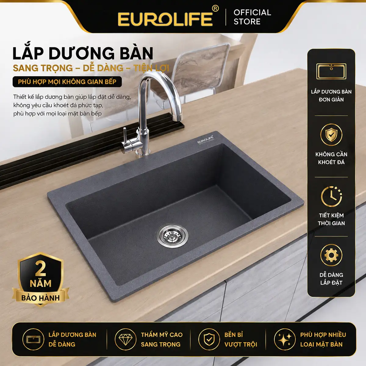 Chậu rửa chén đá thạch anh Eurolife EL-QC6049 lắp dương bàn