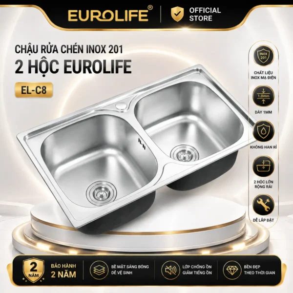 Chậu rửa chén Inox 2 hộc Eurolife EL-C8