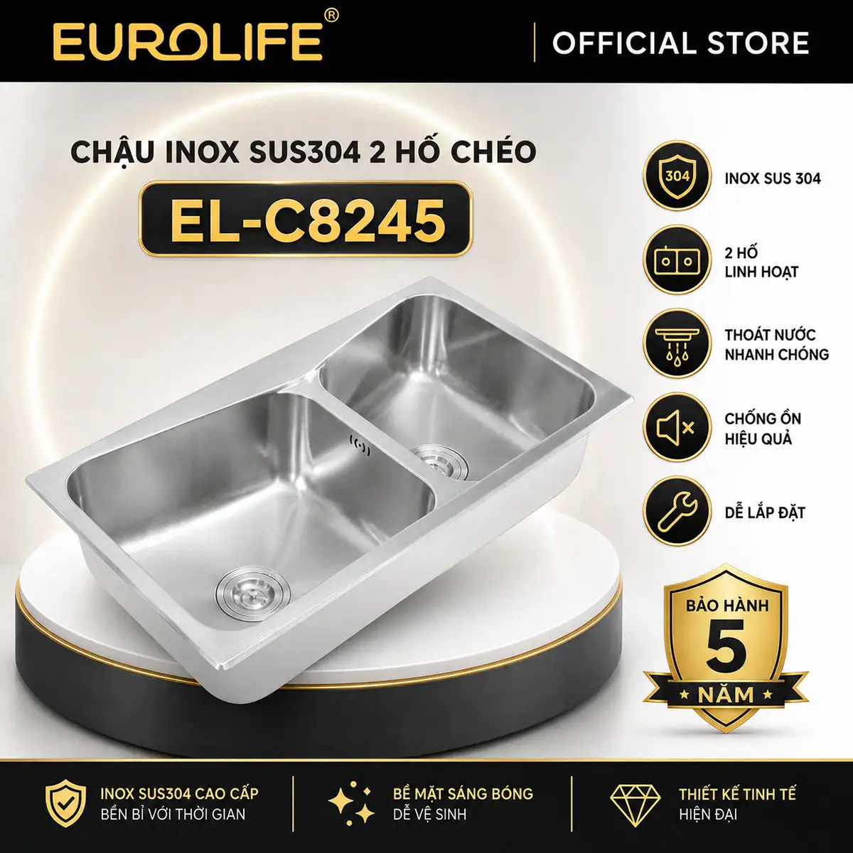 Chậu rửa chén inox 304 2 hộc chéo EL-C8245 bảo hành 5 năm