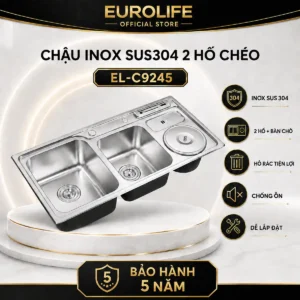 Chậu rửa chén inox 304 2 hộc EL-C9245 kèm hố rác và bảo hành 5 năm