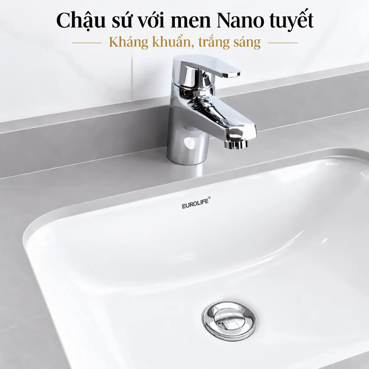 Cận cảnh chậu lavabo sứ men Nano Eurolife BLV-IN03 màu trắng, lòng chậu bo cong, kết hợp vòi nước minh họa và lỗ xả phía dưới.