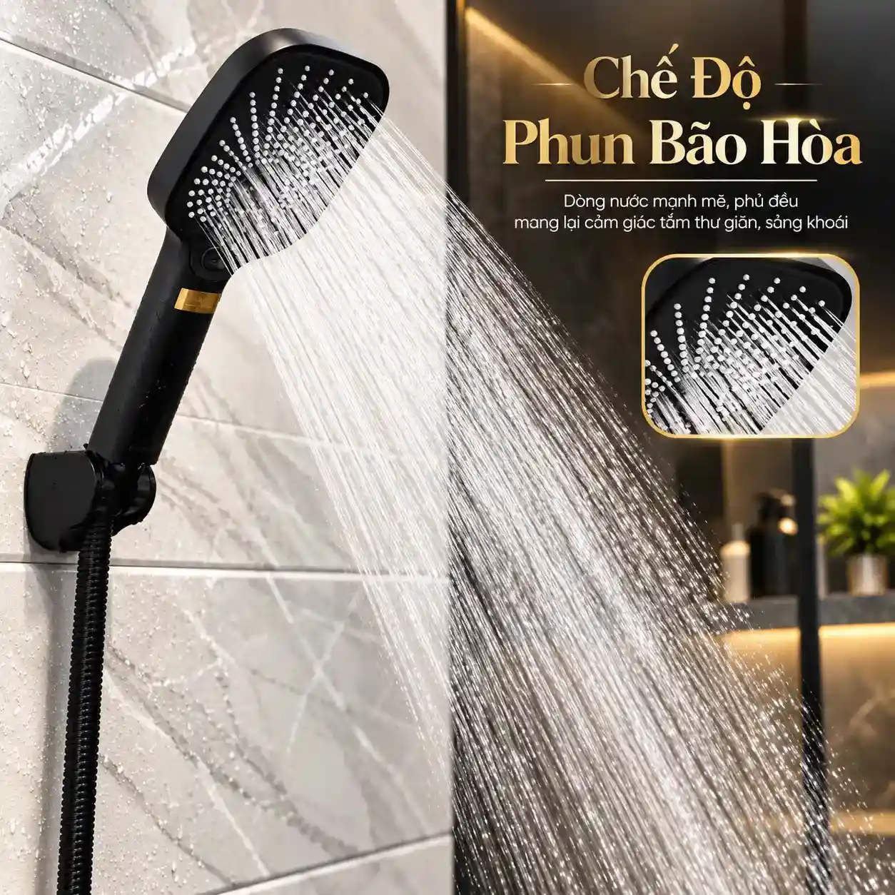 Tay sen Eurolife EL-127SH-D ở chế độ phun bão hòa với dòng nước phân bố qua nhiều đầu phun trên mặt sen