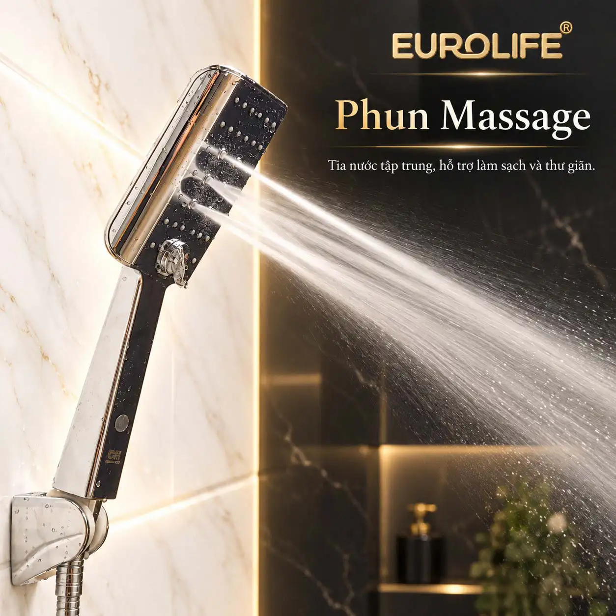 Tay sen 3 chế độ Eurolife EL-201SH phun massage từ nhóm đầu phun trung tâm trên mặt sen