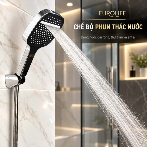 Chế độ phun thác nước trên tay sen Eurolife EL-128SH-T tạo dòng nước dạng dải từ khe phun ngang