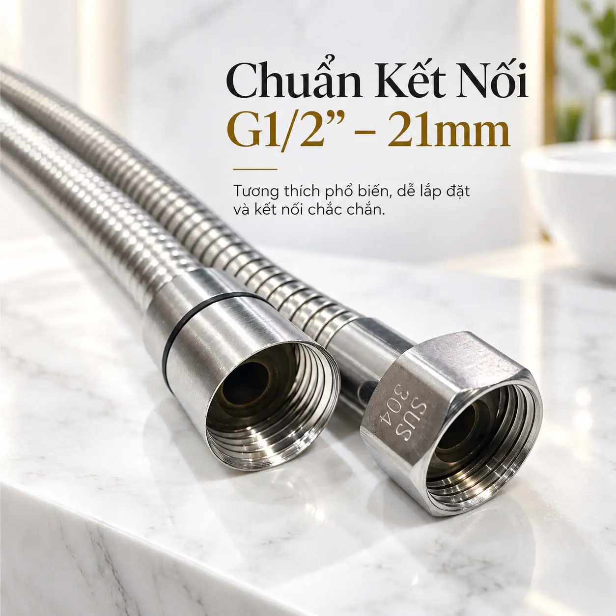 Cận cảnh đầu nối ren trong G1/2 21mm của dây sen Inox SUS 304 Eurolife EL-110SH