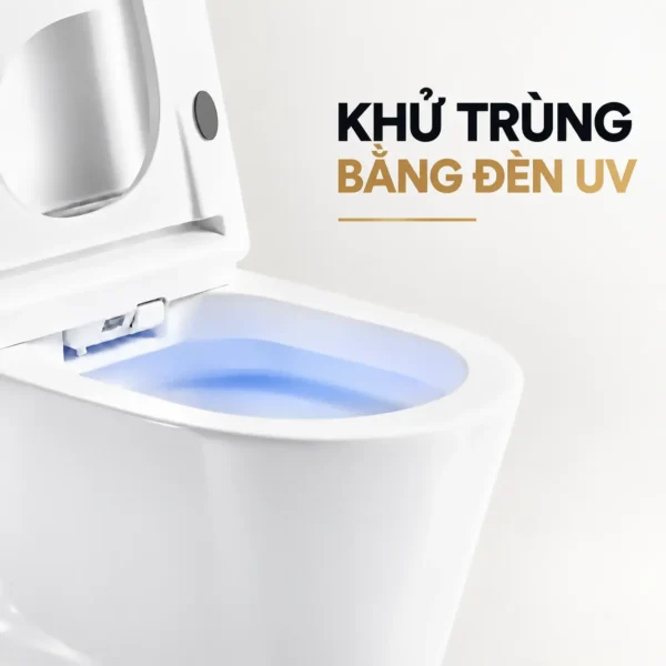 Minh họa chức năng khử trùng UV trên bồn cầu Eurolife EL-SM8058D bằng vùng sáng xanh trong lòng bồn.