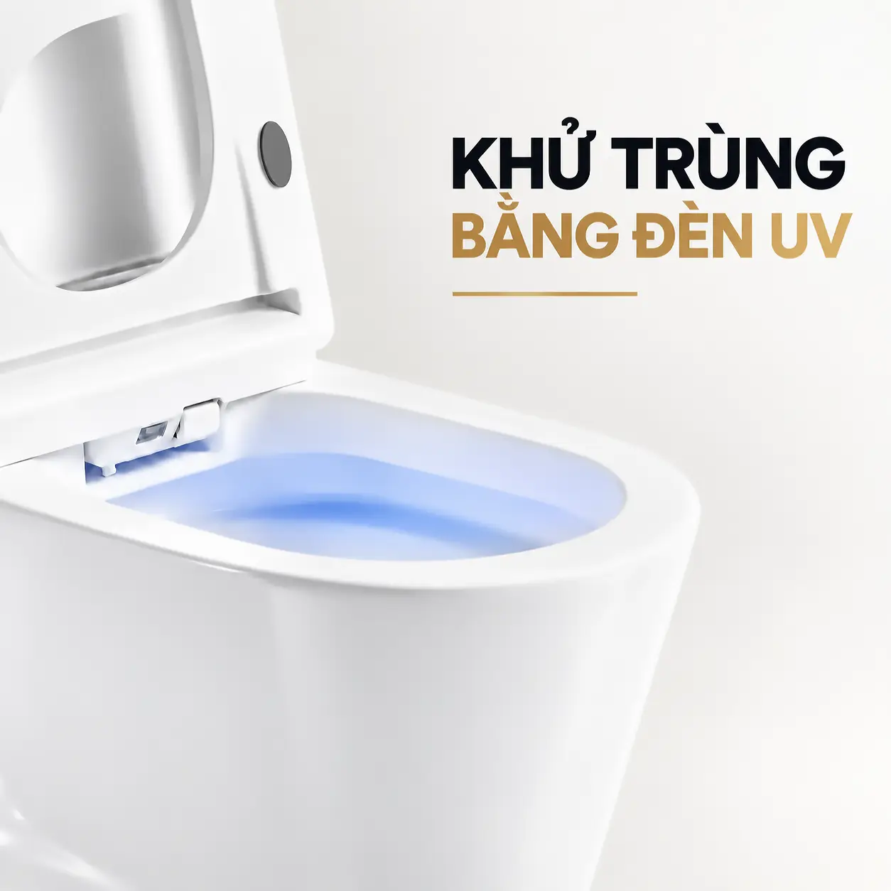 Minh họa chức năng khử trùng UV trên bồn cầu Eurolife EL-SM8058D bằng vùng sáng xanh trong lòng bồn.