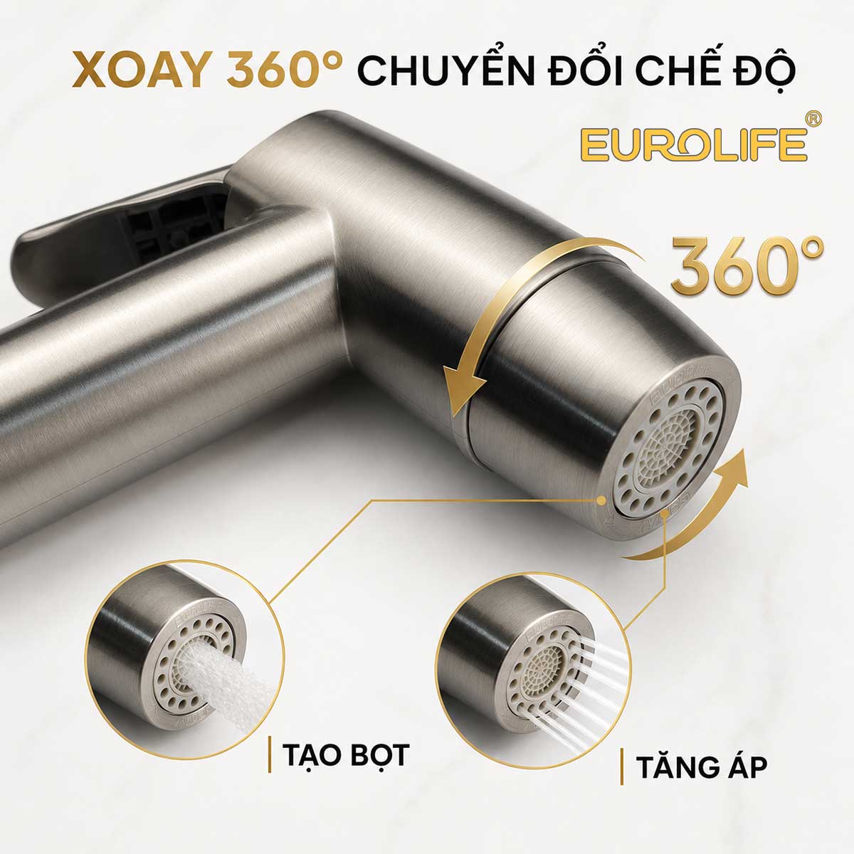Đầu vòi Eurolife EL-X12-V xoay 360 độ để chuyển đổi giữa chế độ tạo bọt và phun tăng áp. 