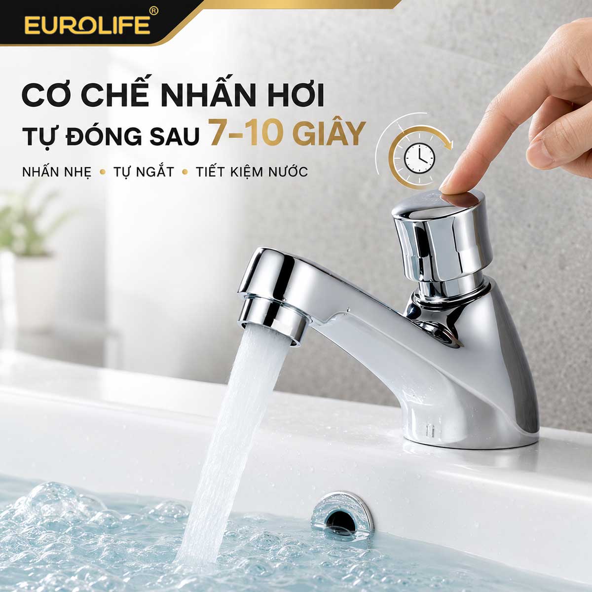 Vòi lavabo lạnh tự ngắt EL-LL119 đóng nước sau khoảng 7–10 giây
