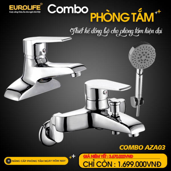 Hình ảnh combo sen tắm nóng lạnh Eurolife AZA03 gồm củ sen nóng lạnh AZA01 và vòi lavabo nóng lạnh 2 chân AZA03, thiết kế đồng bộ cho phòng tắm hiện đại.