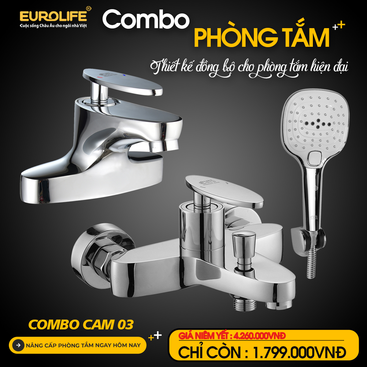 Ảnh main combo sen tắm nóng lạnh Eurolife CAM 03 gồm củ sen nóng lạnh EL-CAM 01 và vòi lavabo nóng lạnh 2 chân EL-CAM 03, thiết kế bo cong đồng bộ, bề mặt mạ Chrome sáng bóng, phù hợp nâng cấp phòng tắm hiện đại.