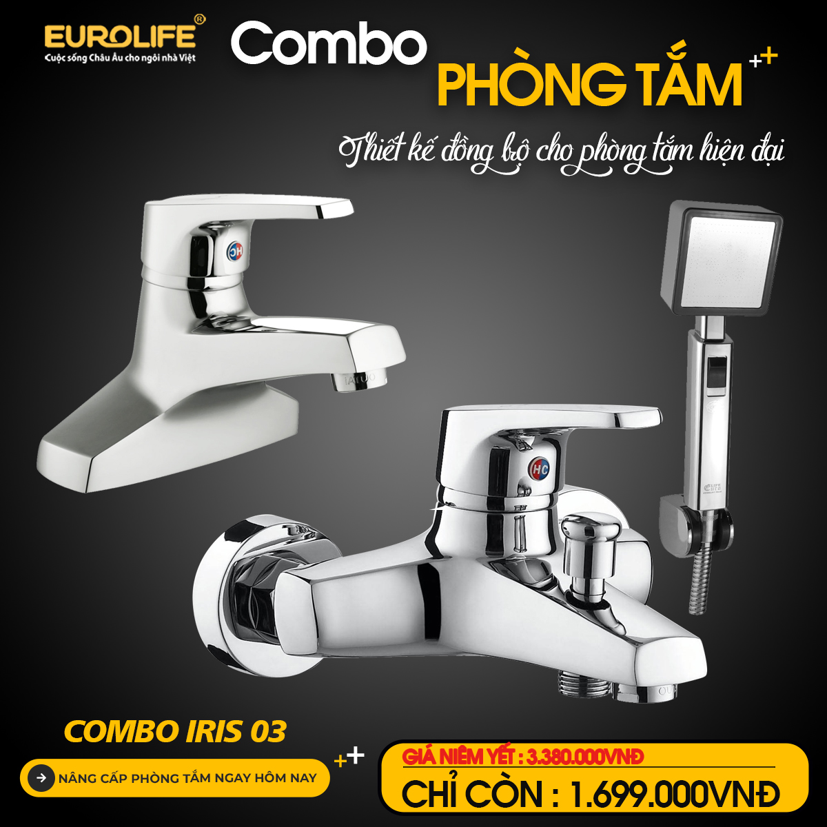 Hình ảnh đại diện combo sen tắm nóng lạnh Eurolife IRIS 03 gồm củ sen nóng lạnh EL-IRIS 01, vòi lavabo nóng lạnh 2 chân EL-IRIS 03 và bộ tay sen đi kèm, thiết kế đồng bộ mạ Chrome cho phòng tắm hiện đại.