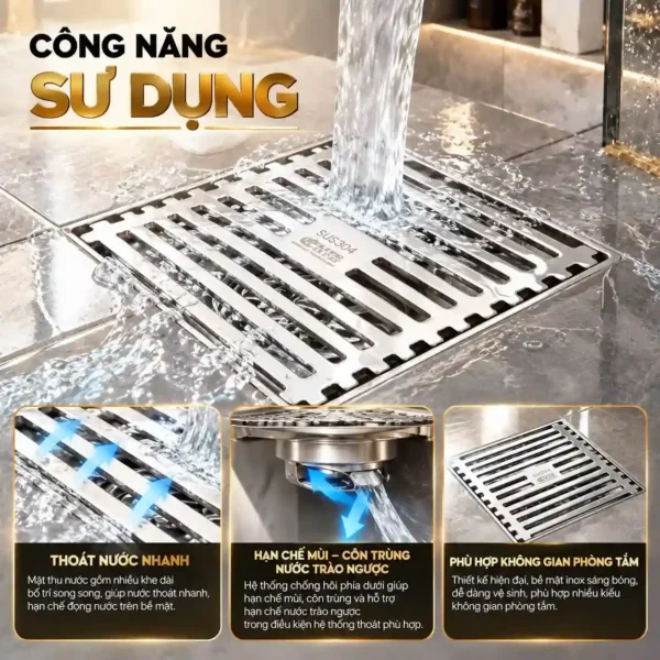 Thoát sàn chống hôi Inox 304 Eurolife EL-HG03 minh họa thoát nước, ngăn mùi và ứng dụng phòng tắm