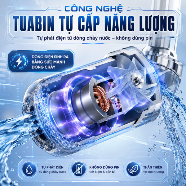 Máy lọc nước gắn vòi Eurolife EL-LS-A15 sử dụng tuabin tự phát điện từ dòng chảy, không dùng pin, tiết kiệm và tiện lợi khi lắp tại vòi nước.