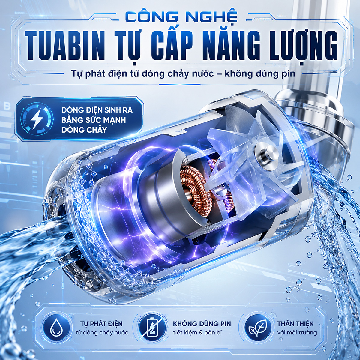 Máy lọc nước gắn vòi Eurolife EL-LS-A15 sử dụng tuabin tự phát điện từ dòng chảy, không dùng pin, tiết kiệm và tiện lợi khi lắp tại vòi nước.
