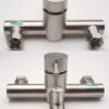 Hình mặt trước và mặt sau củ sen Eurolife EL-1201 giúp khách hàng quan sát rõ thân Inox 304 xước mờ, chân kết nối, tay gạt, nút chuyển đổi xoay và đầu xả dưới.