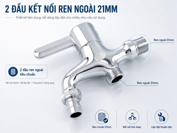 Củ sen lạnh Eurolife EL-SL109 có 2 đầu kết nối ren ngoài 21mm tiêu chuẩn, giúp lắp đặt thuận tiện với nhiều loại dây, ống và phụ kiện phổ thông.