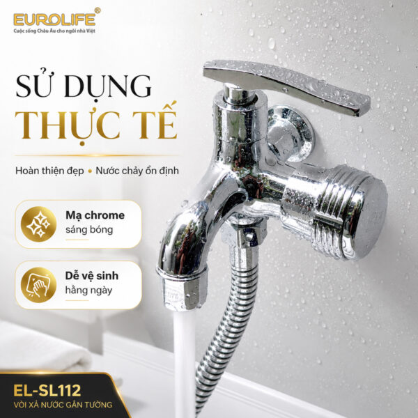 Hình ảnh lắp đặt thực tế củ sen lạnh Eurolife EL-SL112 cho thấy thiết kế gắn tường gọn, bề mặt Chrome sáng và khả năng cấp nước cho đầu xả cùng dây sen.