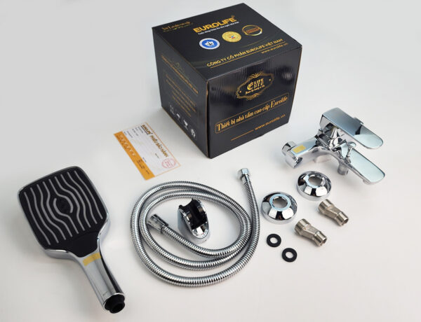 Ảnh bộ củ sen nóng lạnh Eurolife EL-8001 đầy đủ phụ kiện gồm thân củ sen, tay sen 3 chế độ, dây sen 150cm, bát gác, chân kết nối, ron cao su, phiếu bảo hành và hộp đóng gói.